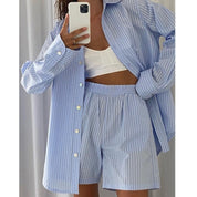 Blue striped shirt and shorts set front view
