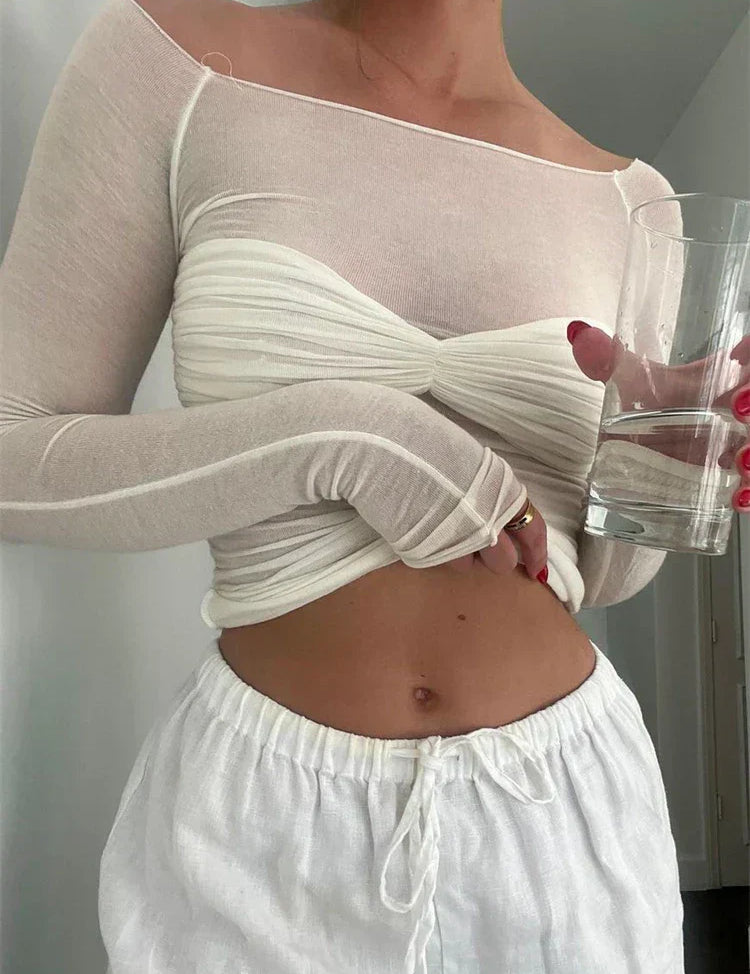 White off-shoulder top with ruched detail side view