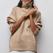 Turtleneck trui beige gebreid voorzijde