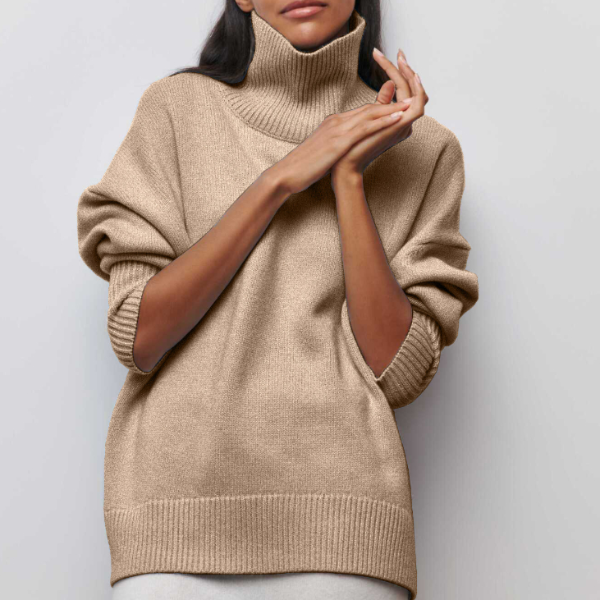 Turtleneck trui beige gebreid voorzijde