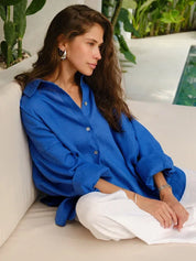 Blue linen blouse side view