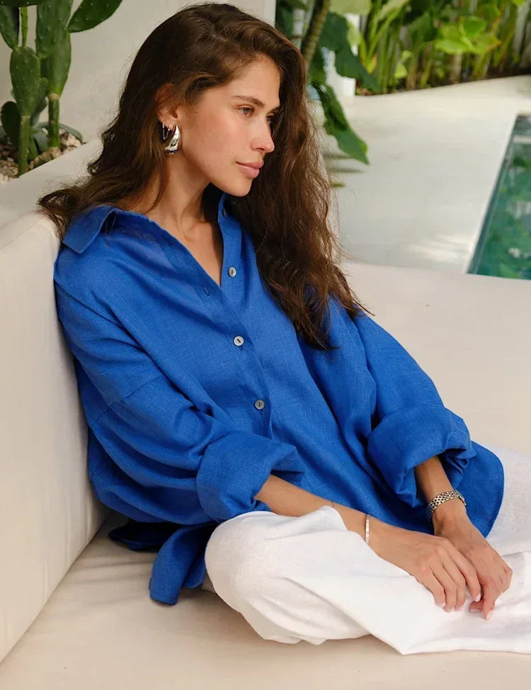 Blue linen blouse side view
