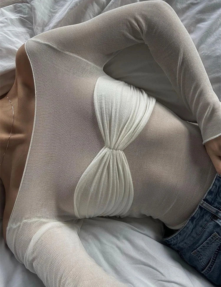 White off-shoulder top with ruched detail close-up detail