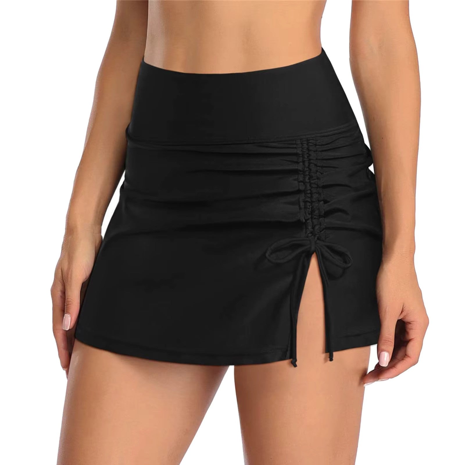 Black swim skirt with ruched side side view