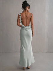 Maxi dress light blue back view with floral lace