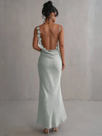 Maxi dress light blue back view with floral lace