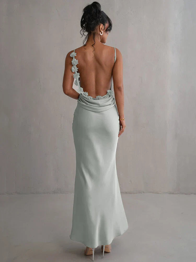 Maxi dress light blue back view with floral lace
