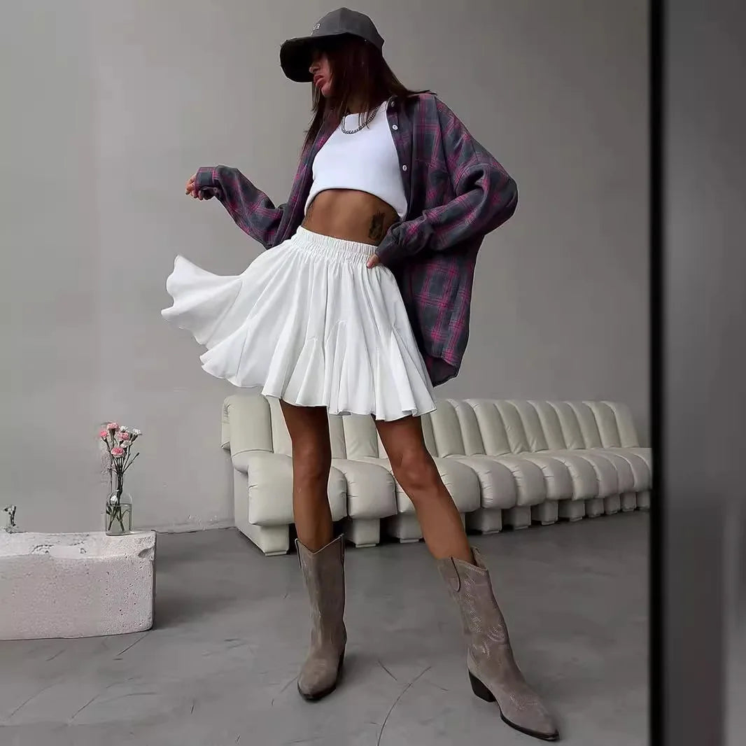 White pleated skirt with elastic waist side view