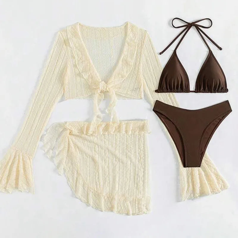 Beige bikini set with sheer cover-up flat lay view