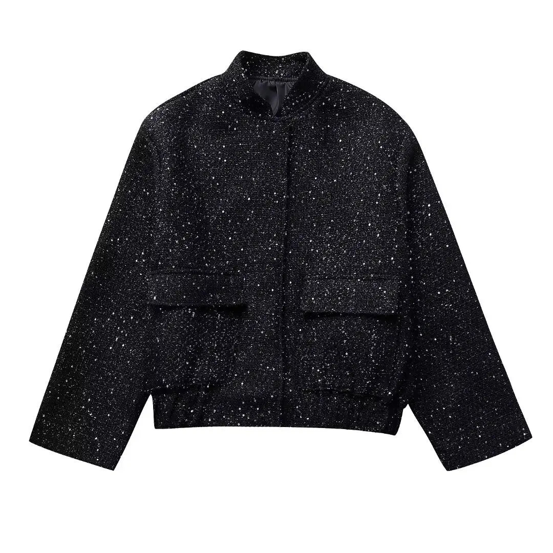 Jas zwart met glitters details vooraanzicht