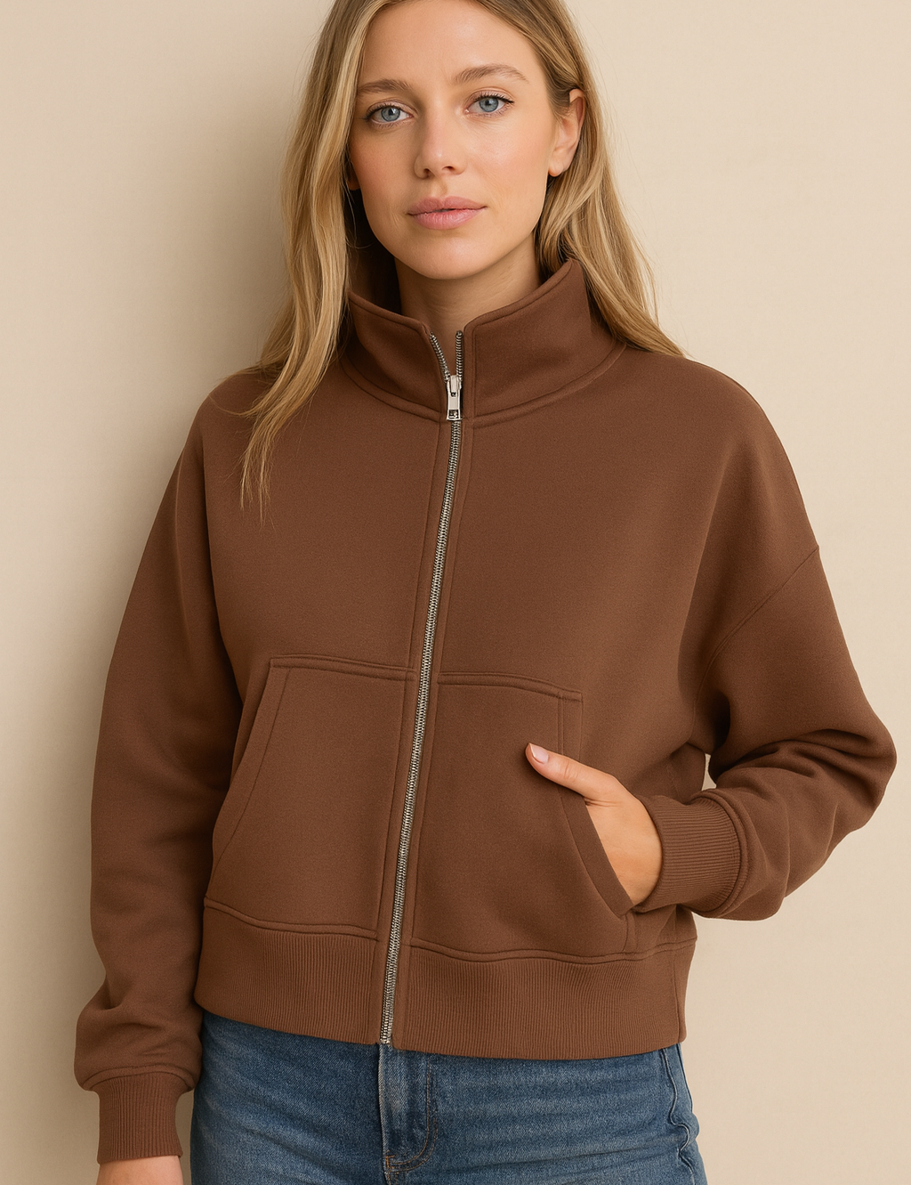 Brown training jacket with thumbholes front view