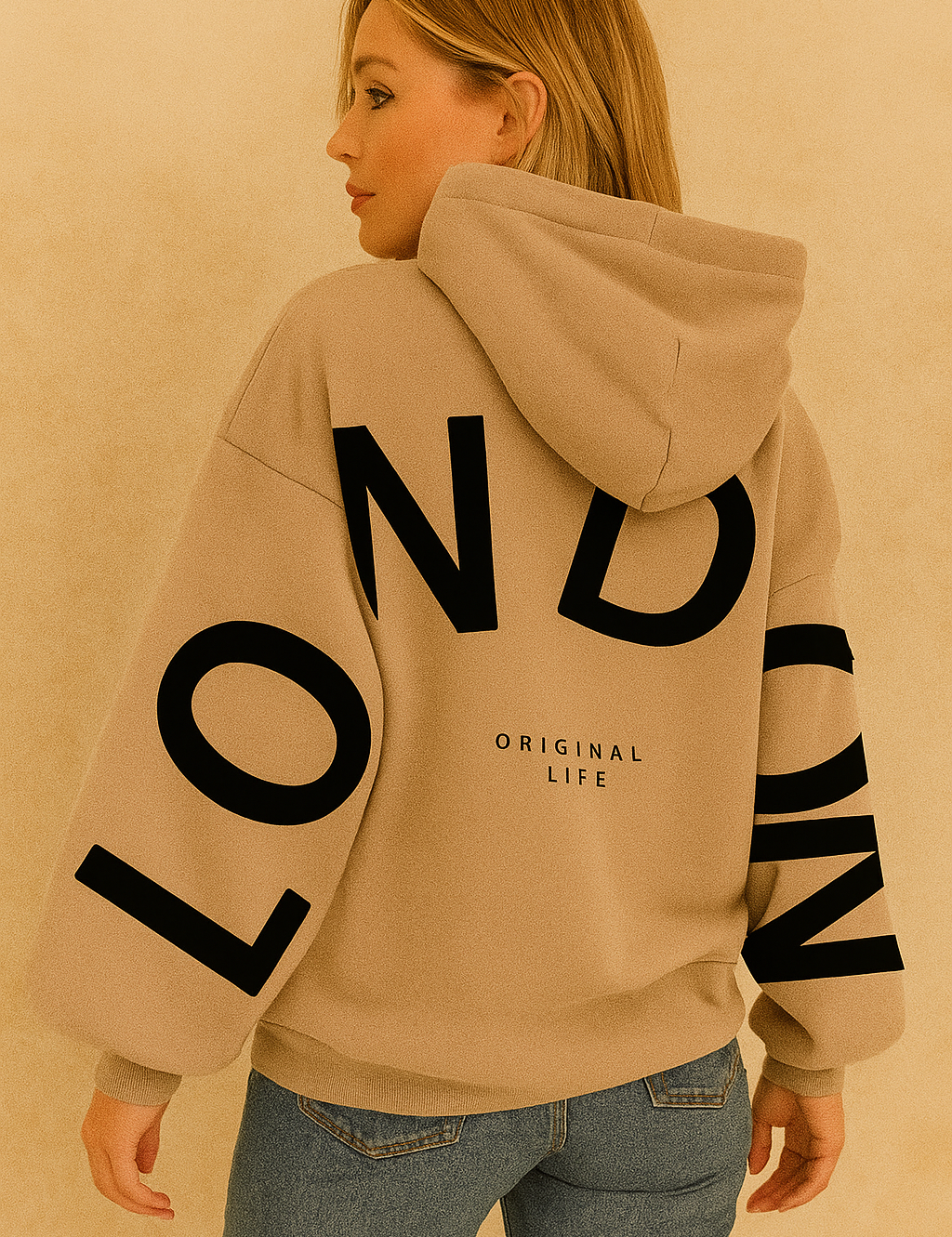 Beige hoodie with 'LONDON' print back view
