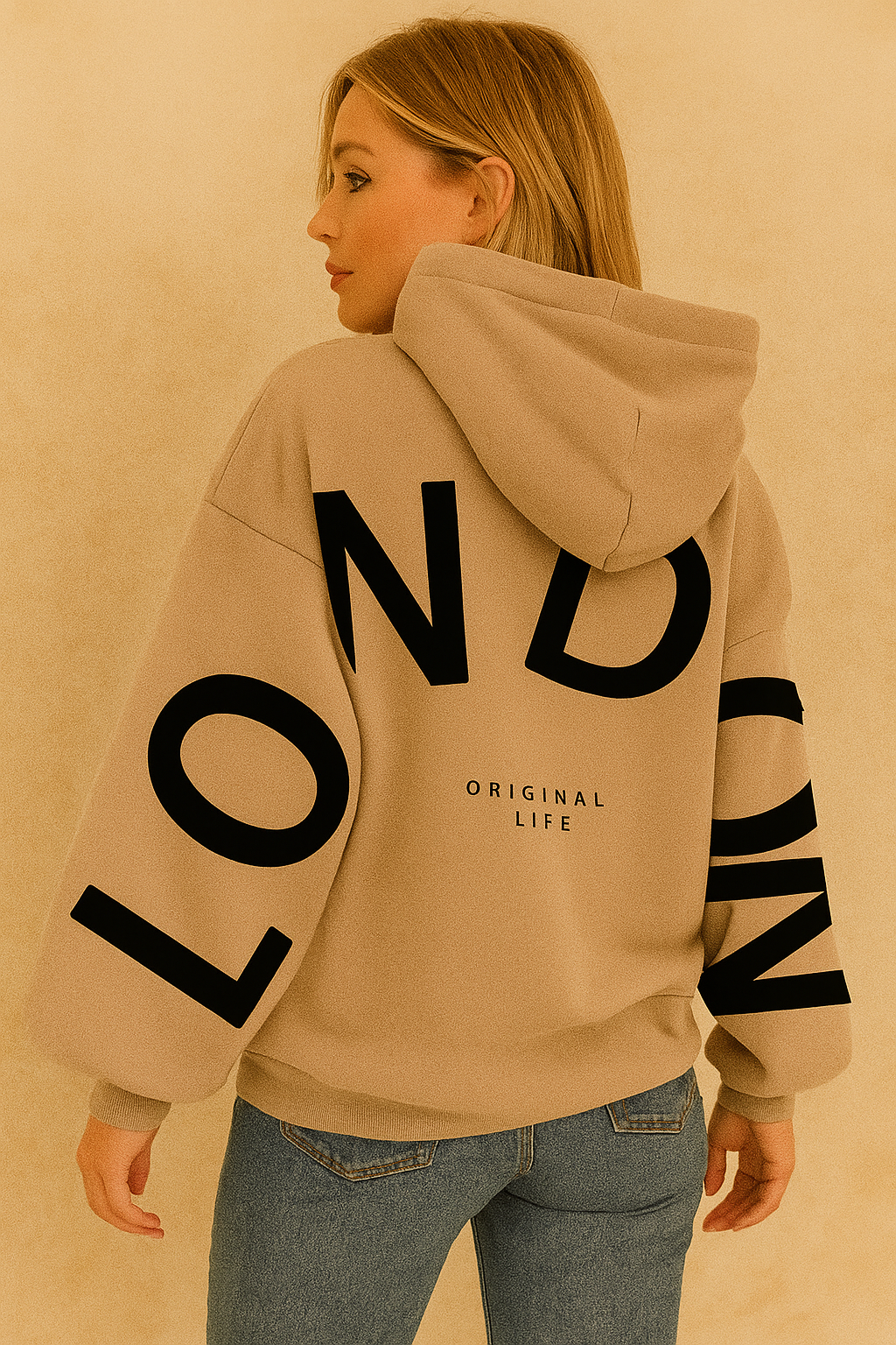 Beige hoodie with 'LONDON' print back view