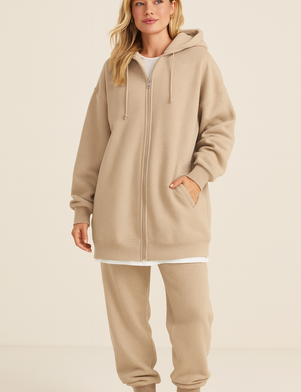 Oversized hoodie beige front view with drawstring