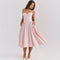 Lichtroze jurk met corsetdetail en wijde rok, front view
