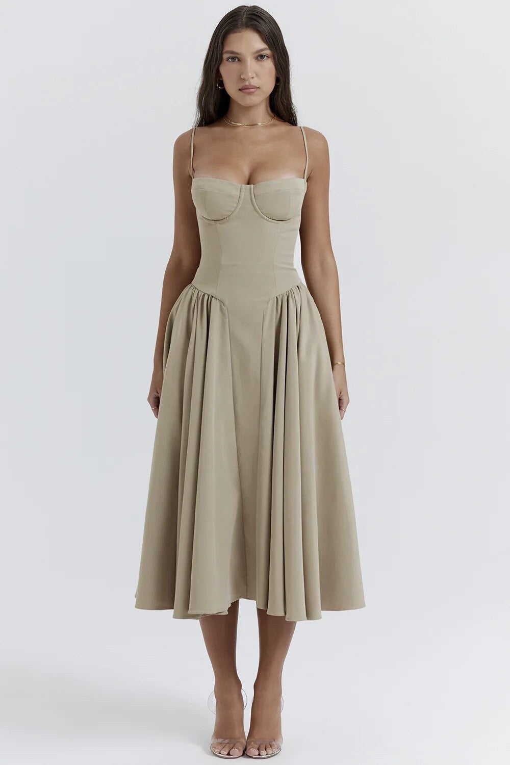 Linnen jurk beige met wijde rok en corsetdetail vooraanzicht