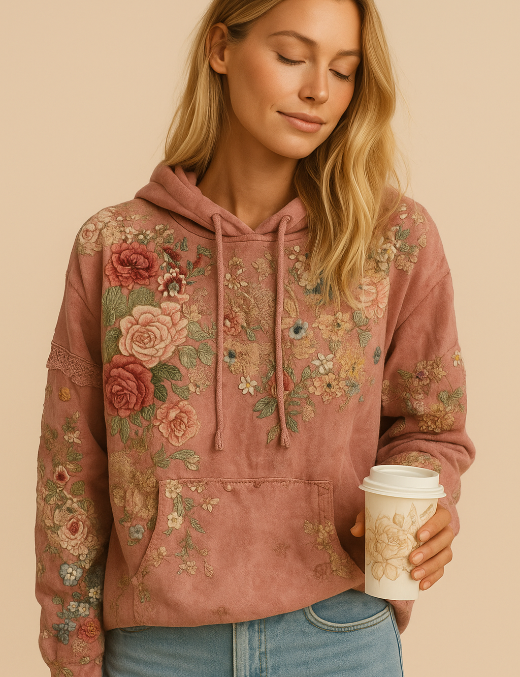 Pink hoodie with floral embroidery front view