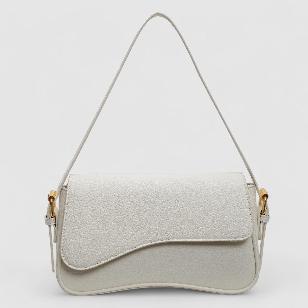 White shoulder bag with textured leather and gold hardware front view