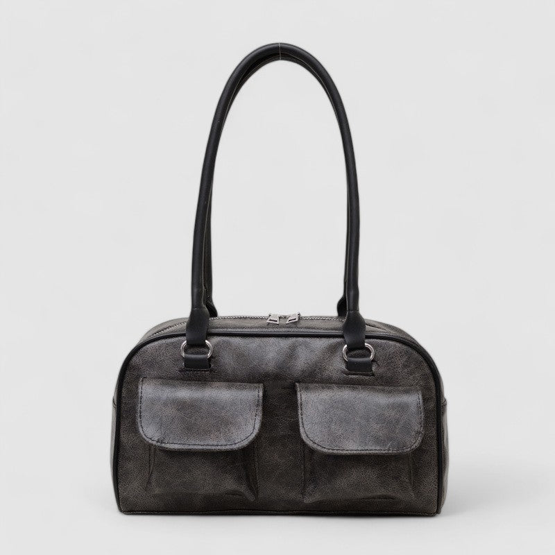 Black leather shoulder bag with front pockets, front view