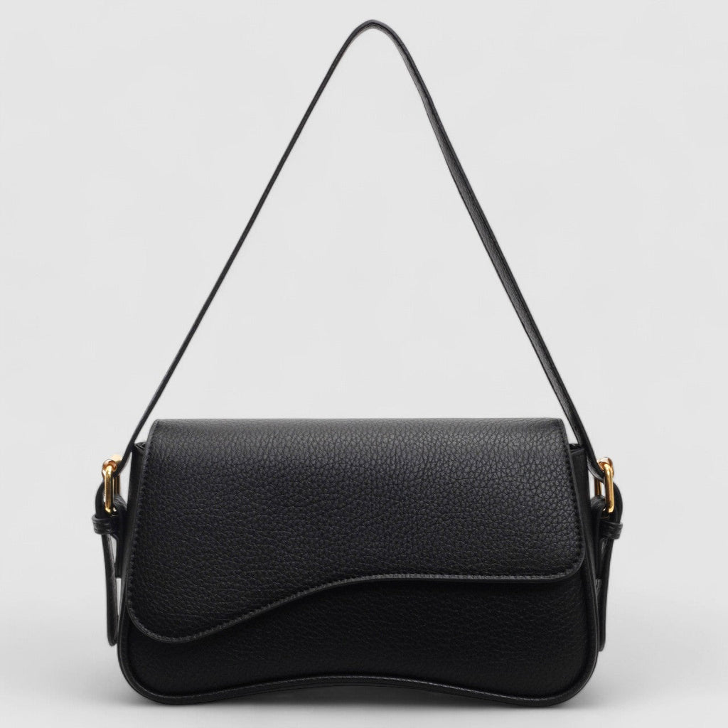 Black shoulder bag with textured leather and gold hardware front view