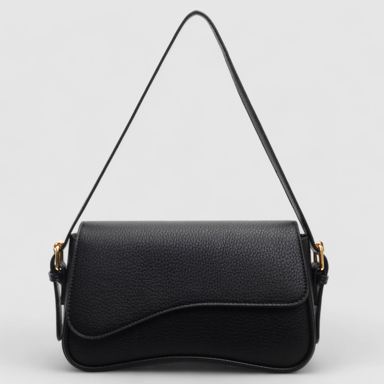Black shoulder bag with textured leather and gold hardware front view