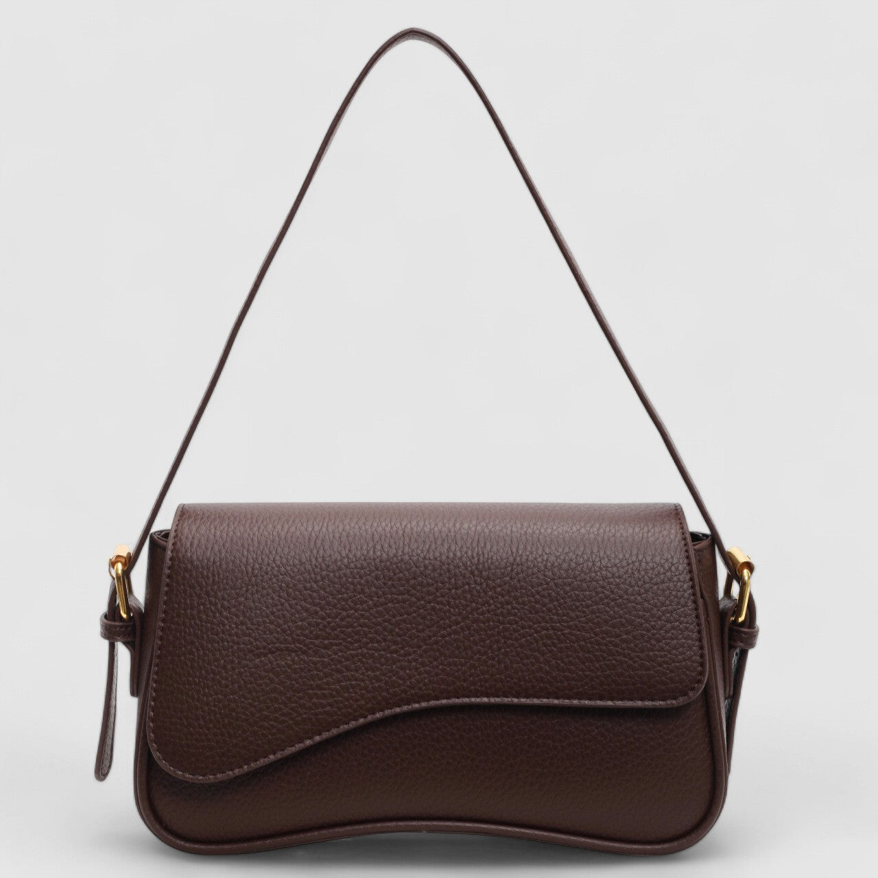 Brown shoulder bag with textured leather and gold hardware front view