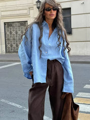 Light blue linen blouse front view
