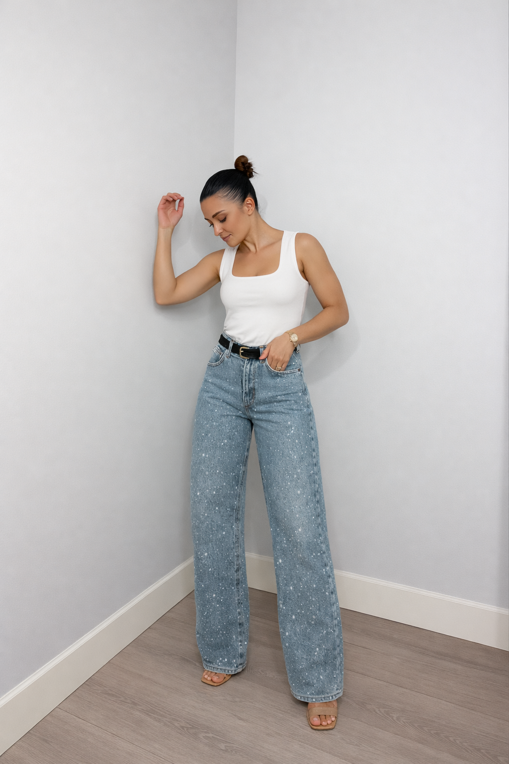 Ella Spijkerbroek met glitterdetails wijde pijpen en hoge taille voor dames