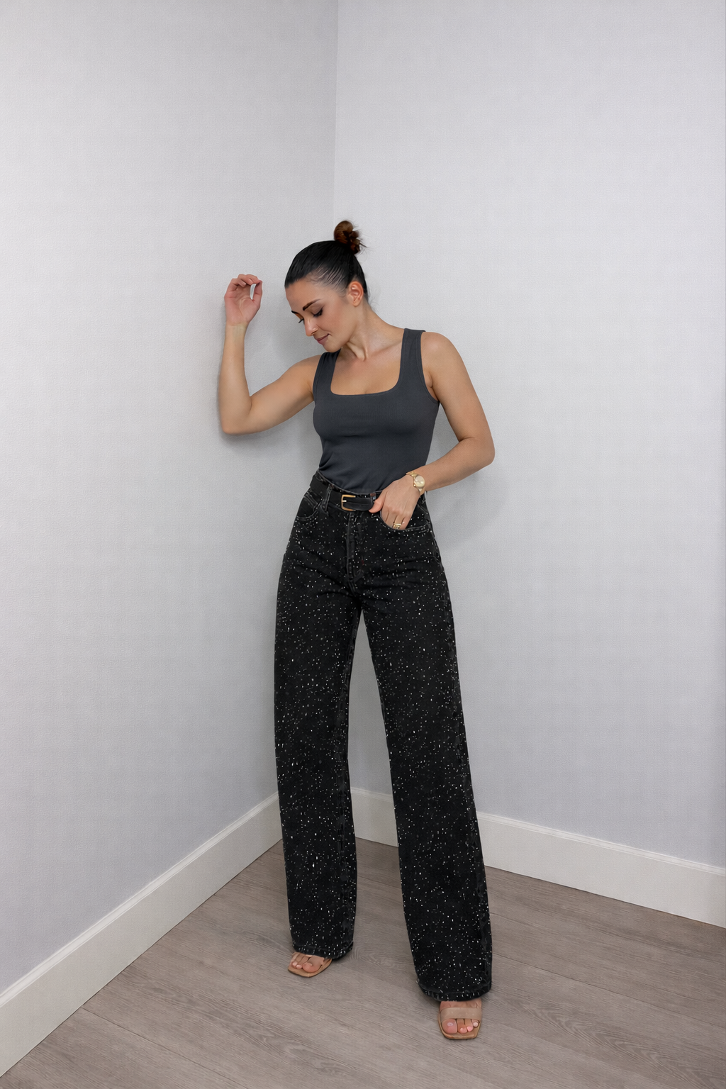 Ella Spijkerbroek met glitterdetails wijde pijpen en hoge taille voor dames