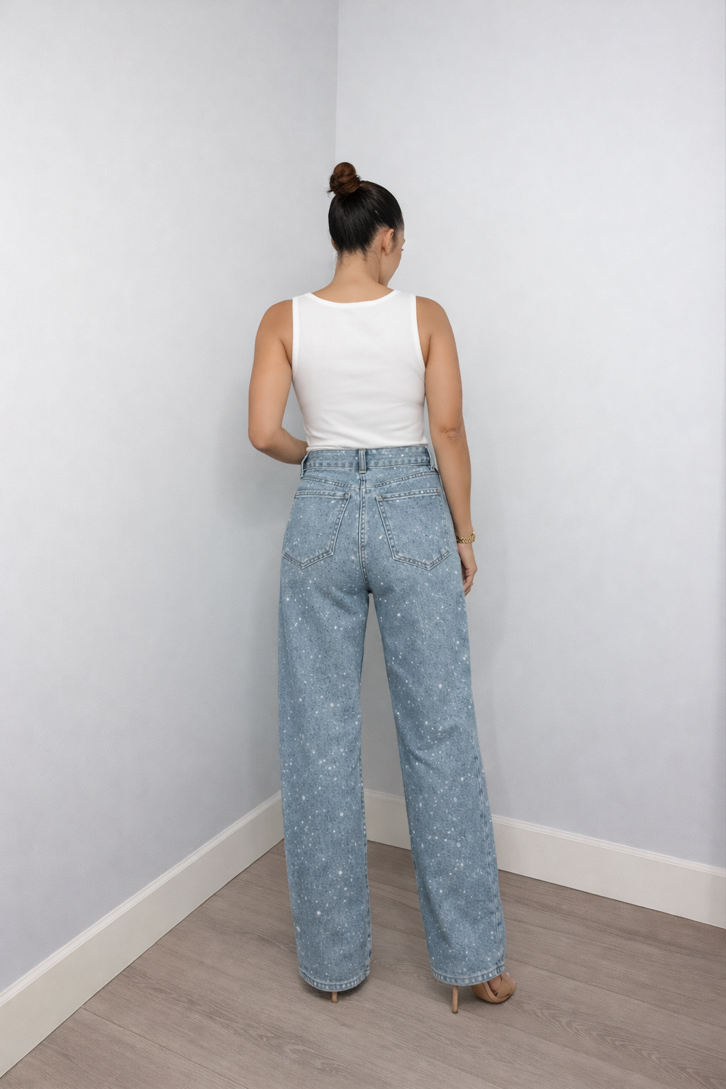 Ella Spijkerbroek met glitterdetails wijde pijpen en hoge taille voor dames