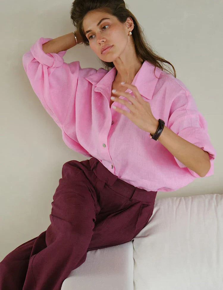 Pink linen blouse front view