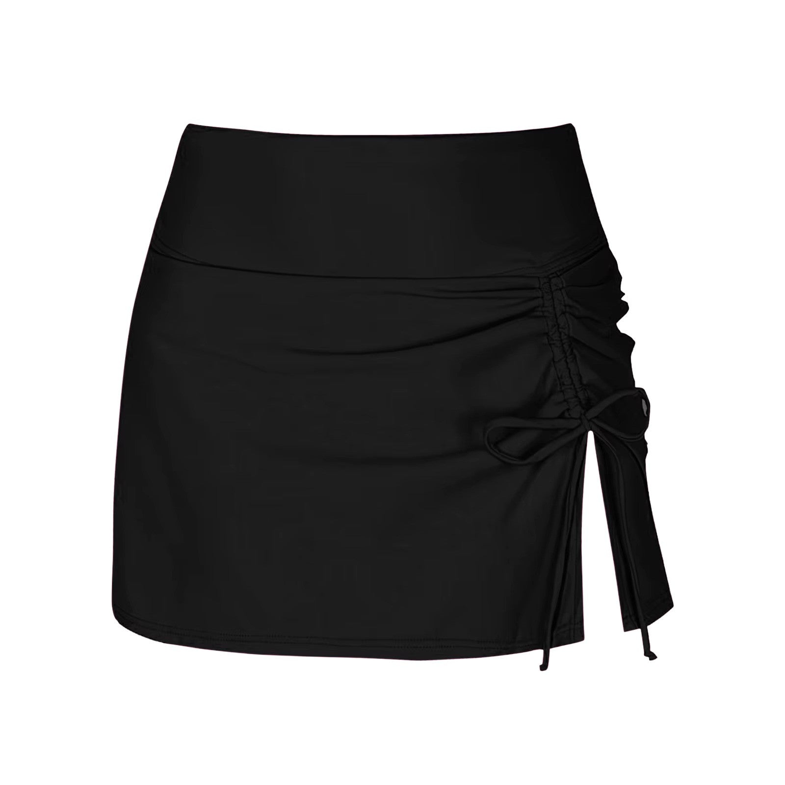Black swim skirt with ruched side flat lay