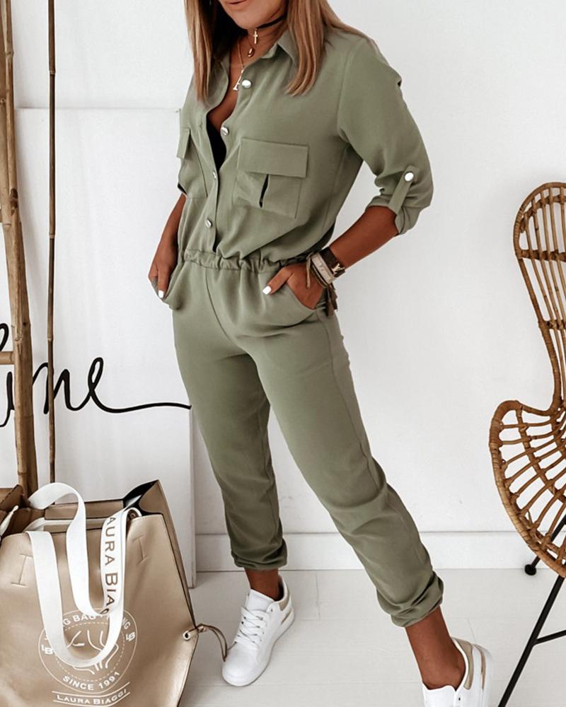 Jumpsuit groen met lange mouwen en elastische taille vooraanzicht