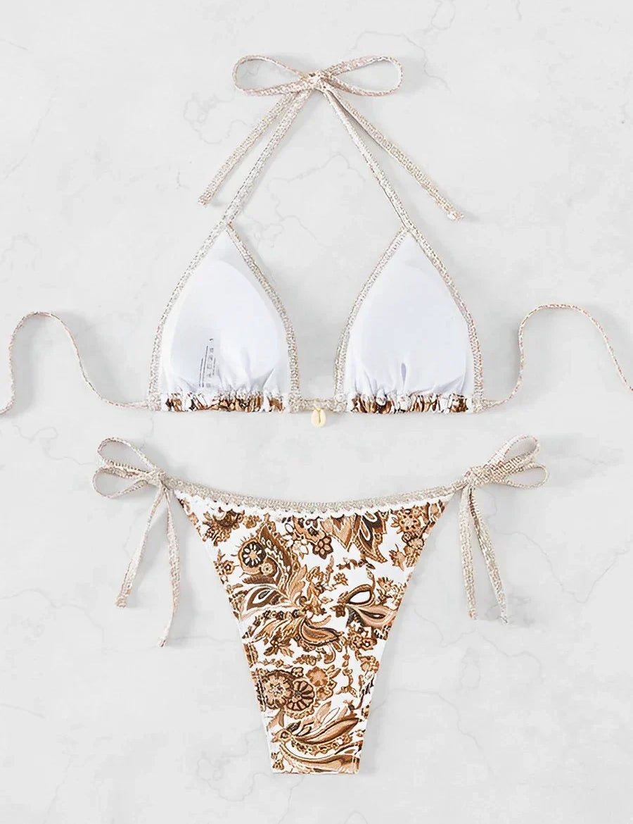 Bikini wit met gouden bloemenprint en strikken bovenaanzicht
