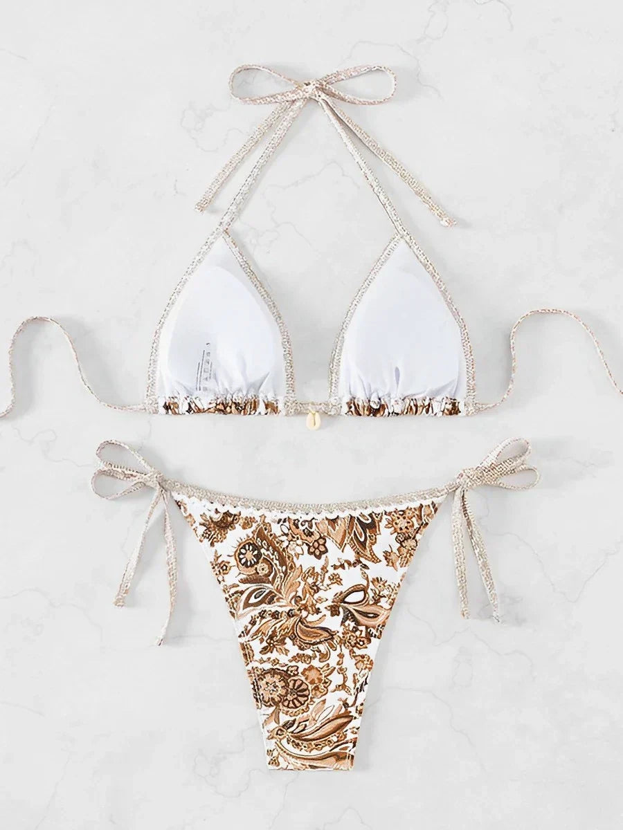 Bikini wit met gouden bloemenprint en strikken bovenaanzicht