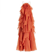 Orange maxi dress with ruffles, studio back view on mannequin