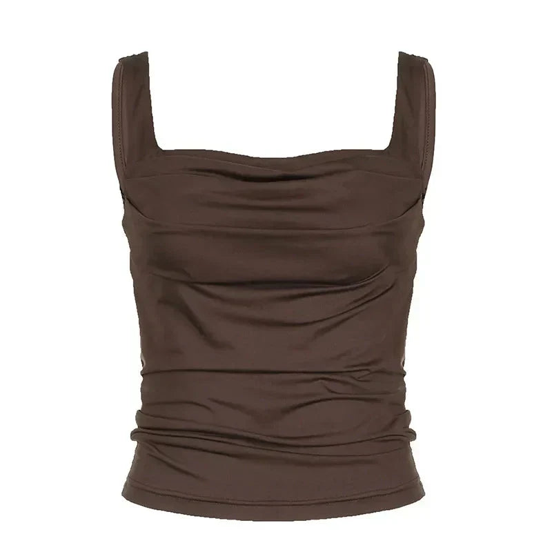 Brown tank top with ruched detailing, front view isolated.