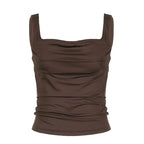 Brown tank top with ruched detailing, front view isolated.