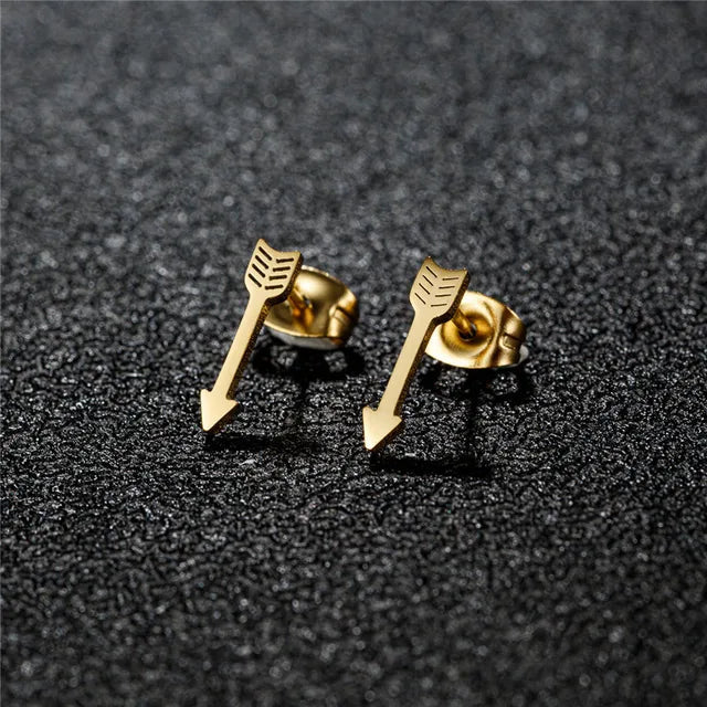 Gold arrow earrings front view