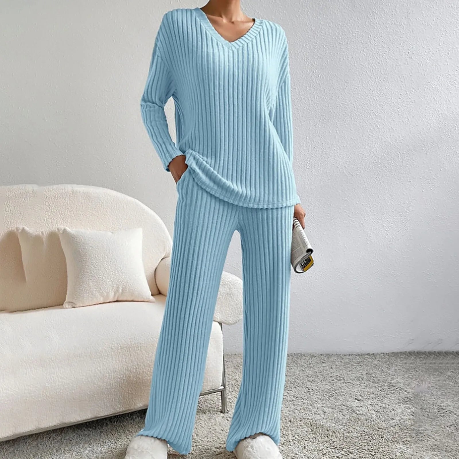 Tweedelig loungewear set dames lichtblauw ribstof front view