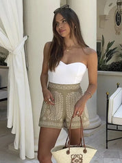 High-waist paisley shorts khaki front view with white top