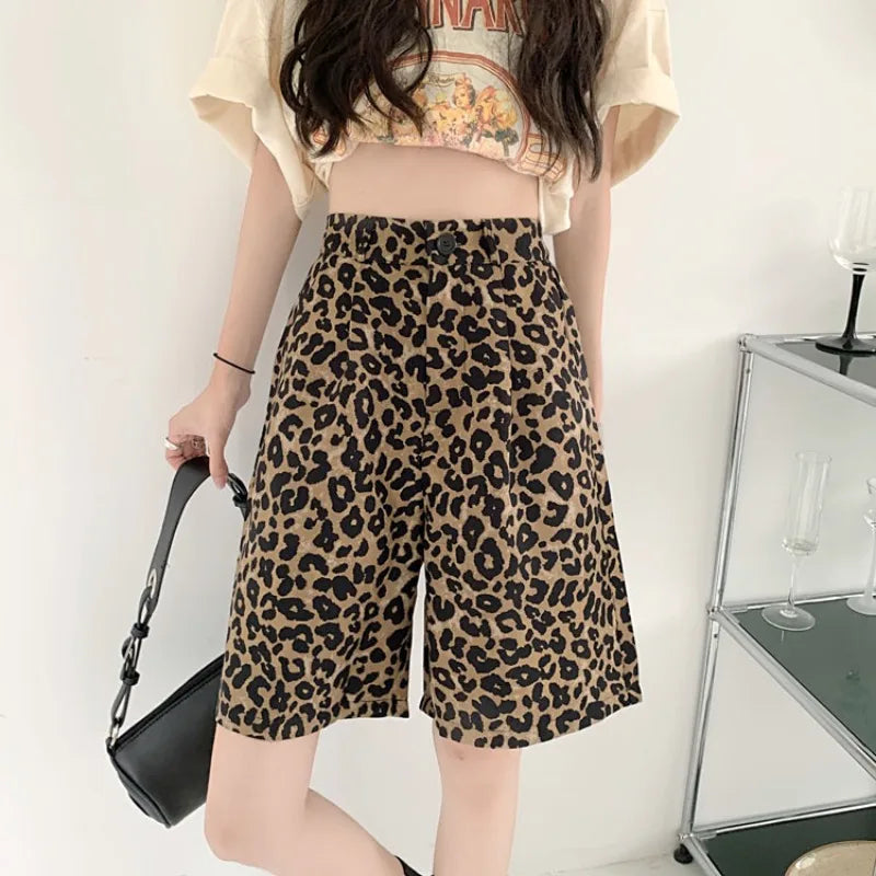 Leopard-print high-waisted shorts front view