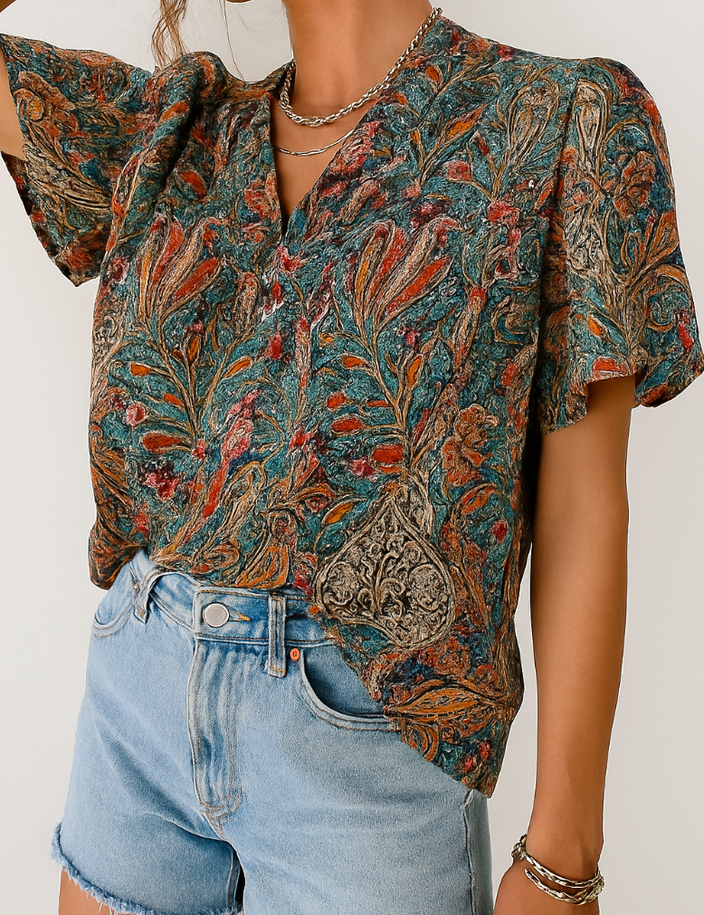 Blouse with intricate paisley print, short sleeves, front view