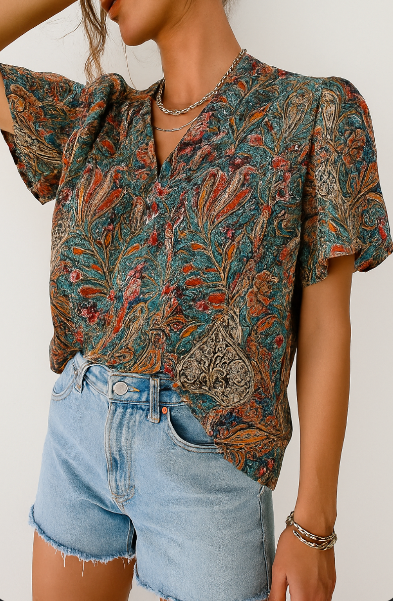 Blouse with intricate paisley print, short sleeves, front view