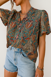 Blouse with intricate paisley print, short sleeves, front view