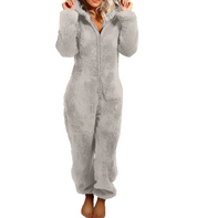 Gray fuzzy onesie with bear ears front view