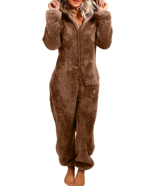 Brown fuzzy onesie with bear ears front view