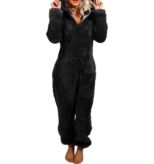 Black fuzzy onesie with bear ears front view