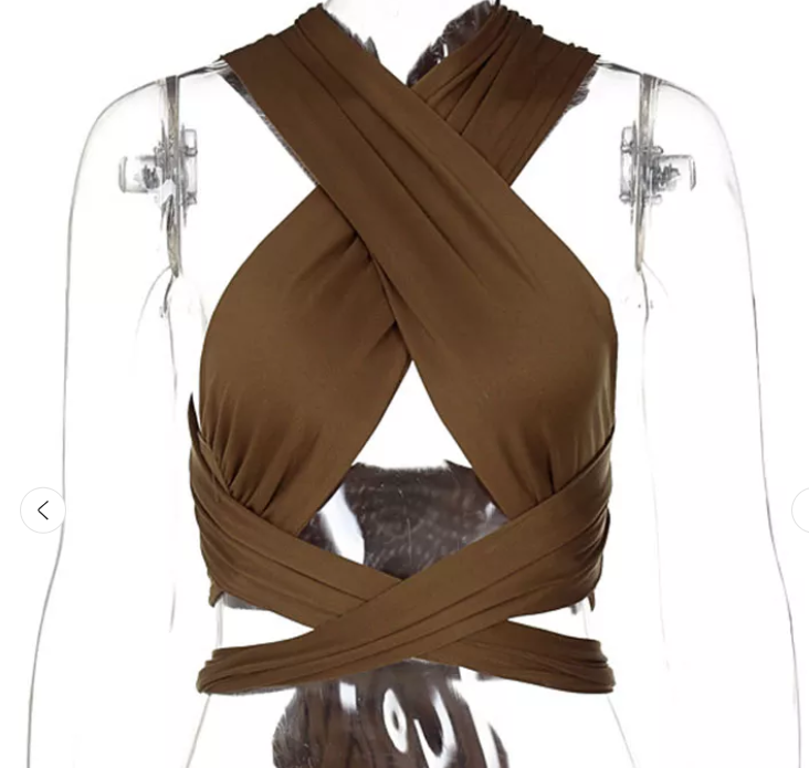 Brown criss-cross halter top close-up detail
