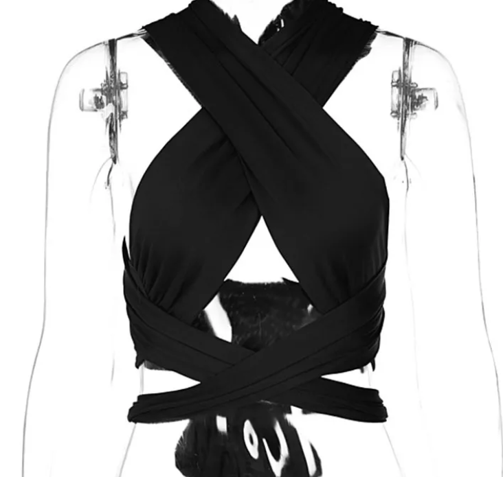 Black criss-cross halter top close-up detail